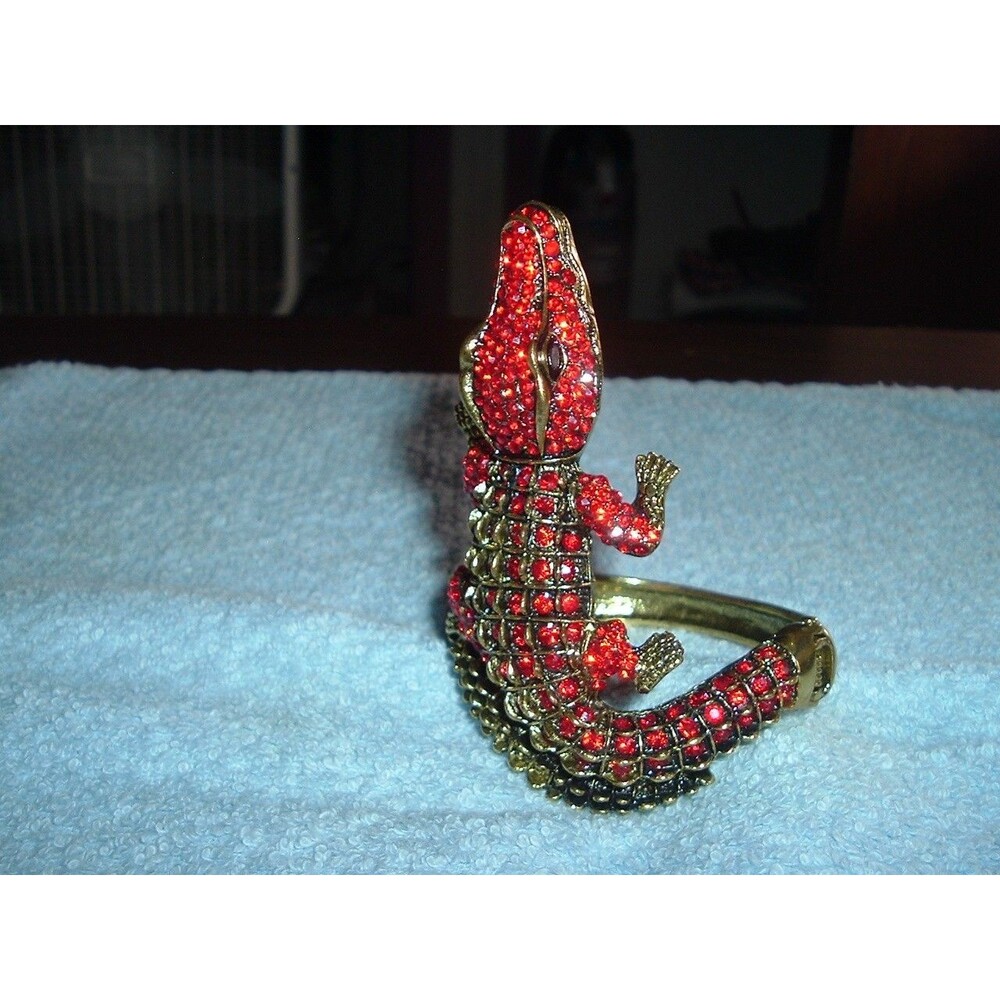 Gold Toned Red Rhinestone Alligator Statement Hinged Bracelet